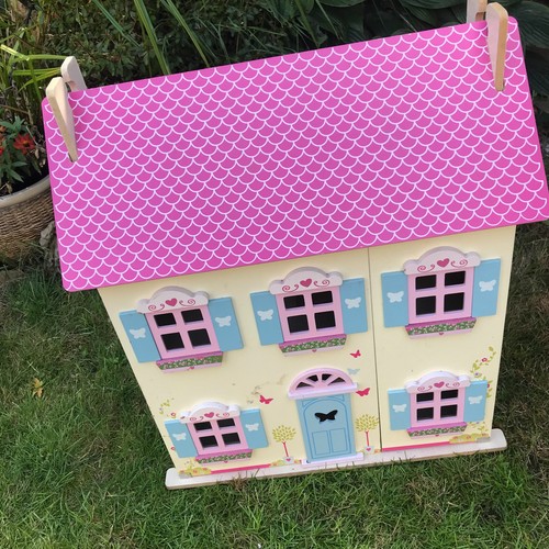 Wooden toy dolls house pink - wooden,