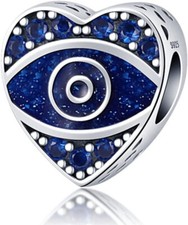 925 Sterling Silver Love Heart Charm All Seeing Eye Evil Eye Protection Bead