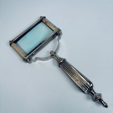 VINTAGE MAGNIFYING GLASS LARGE SILVER METAL RECTANGULAR DECORATIVE HANDLE