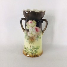 Vintage Czechoslovakia Art Pottery Vase Hand Painted Rose Double Handled EB17JH