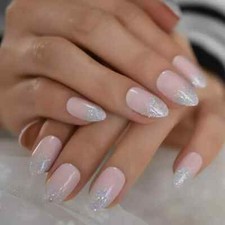 False Press-On Nails Almond Nude Pink Ombre Silver Glitter 24pk +nailtabs BN1019