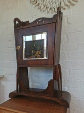 Antique Arts & Crafts Gothic Hall Mirror Cupboard Shelf Freestanding - Unique