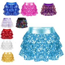 UK Girls Sparkle Dance Skirt Shiny Tiered Ruffle Mini Skorts Jazz Hip Hop Skirts