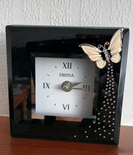 Hestia Black Glass Square Quartz Mantel Clock With White Metal Butterfly 6 X 6"