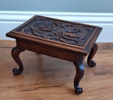 Antique Arts & Crafts Highly Carved Snake Oak Bench Stool Footstool Plant Stand