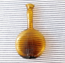 Unusual Amber Glass Hand Blown Bottle Raised Violin Design Round Body Long Neck