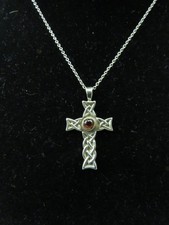 925 Sterling Silver Cable Chain & Celtic Cross & Red Stone Pendant  Mo Grá Th