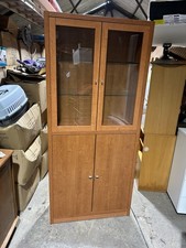 Solid Oak Effect Display Cabinet With Glass Doors, & Storage Cupboard