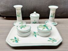 ANTIQUE VICTORIAN POTTERY LADIES DRESSING TABLE SET CANDLESTICKS LILLY OF VALLEY