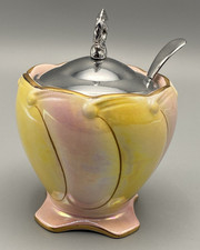 VINTAGE ROYAL WINTON LUSTRE PINK / YELLOW JAM POT GILT ACCENTS METAL LID &SPOON