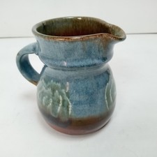 Vintage Studio Pottery Jug Blue Green Brown Drip Glaze Signed Creamer Pitcher