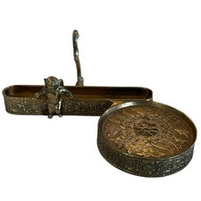 Vtg Brass Ornate Teacup Cup and Saucer Display Holder Stand Angel Cherub Japan