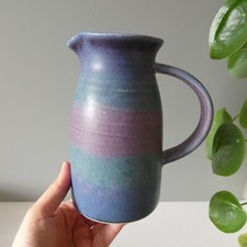 Vintage Art Studio Pottery Pitcher Jug Vase Conwy Wales Welsh Purple Bands Retro
