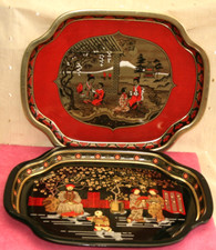 TWO LARGE VINTAGE METAL SERVING TRAYS, ORIENTAL DESIGN, GEISHA, CHINA, 1950S/60S