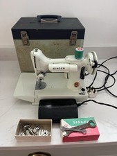 Singer 221K White Featherweight Sewing Machine + Case Working Attachments