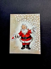 1 VTG Marjorie Cooper Xmas Greeting Card Jolly Santa With Hat Off Waving Hello