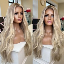Heat Resistant Hair Women Ombre Blonde Layered Lace Front Wig Long Wavy