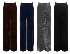 UK Ladies Elasticated Wide Leg Pocket Trouser Velour Velvet Flared Palazzo 12-26