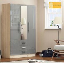 NEW 3 Door Combi Wardrobe with Mirror & 3 Drawers – High Gloss Grey/Black/Whit