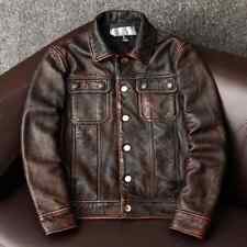 Men's Trucker Brown Real Cowhide Leather Shirt Biker Cafe Racer Vintage Jacket