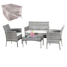 4PC Rattan Garden Furniture Set Outdoor Sofa, Chairs & Glass Table & Rain Cover
