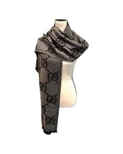 New Gucci Wool Jumbo GG Monogram Black/Grey Scarf
