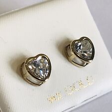 9ct Gold Cubic Zirconia Heart Stud Earrings Rub Over Setting New