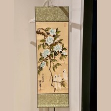 Hand-painted Chinese Ink Scroll – White Roses & Birds (30x90cm)