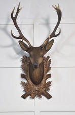 Large Carved Polychrome Decorated Stag’s Head | Glass Eyes & Taxidermy Antlers