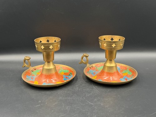 Pair vintage brass - brass, enamel