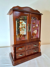 Vintage Wardrobe Style Wooden Cabinet Jewellery Box Drawers Floral Glass Doors