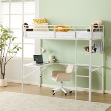 High Sleeper Bunk Bed Loft Cabin Bed Metal Frame Desk Kids Single With LED White