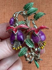 Vintage Exquisite Fuchsia Brooch, 1950s Birthday Series, enamel flower, signed