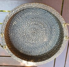 Wicker rattan round serving tray with brass handles 13.25" 33.5cm dia