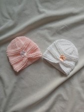 New 2 baby girl hand knitted hats 1 White 1 Peach + bows Turban Style  Premature