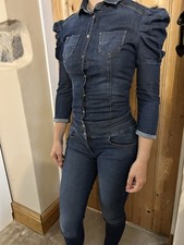 (013)Miss Sixty Ladies Size Small Denim Playsuit Blue Puffy Shoulders Skinny 