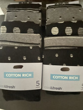 5 PAIRS ex  M & S MENS COTTON RICH SOCKS STRIPES SPOTS MIX GREY BLACK