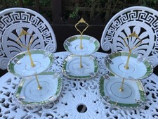 Set of 3 Small Art Deco Green and Gilt Bone China 2 Tier Cake Stands