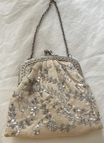 Cream satin floral sequin - satin,