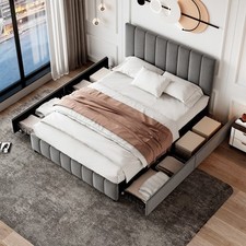 4ft6 Double Upholstered Bed with 4 Storage Drawers Wooden Platform Bed Frame 