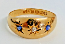 ANTIQUE 18ct GOLD SAPPHIRE & DIAMOND THREE STONE GYPSY RING Birmingham 1916