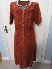 Hippie Embroidered Ladies Long Dress Size M / L Brown Rust Button Front Tie Back