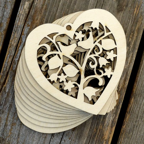 10x wooden heart filigree - 10x,