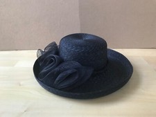 LK Bennett Navy Occasion Wear Wide Brimmed Straw Hat with Decorative Swirls