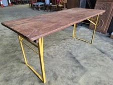Vintage 20th C Trestle dining work table  pine top metal folding legs seats 8