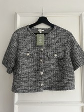 H&M grey boucle cropped short sleeved cardigan with large silver buttons, L, NWT