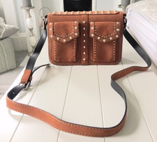 Zara Woman Leather Suede Handbag In Tan With Metal Studs & Front Pockets BNWOT