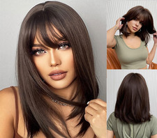 WOMENS DARK BROWN WIG WITH BANGS LAYERED HAIR MEDIUM LONG STRAIGHT HAIR WIGS
