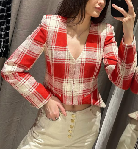Zara white red fitted check - white,