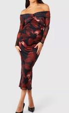 BOOHOO Maternity Off Shoulder Twist Neck Mesh Midaxi Dress size 12 black mix